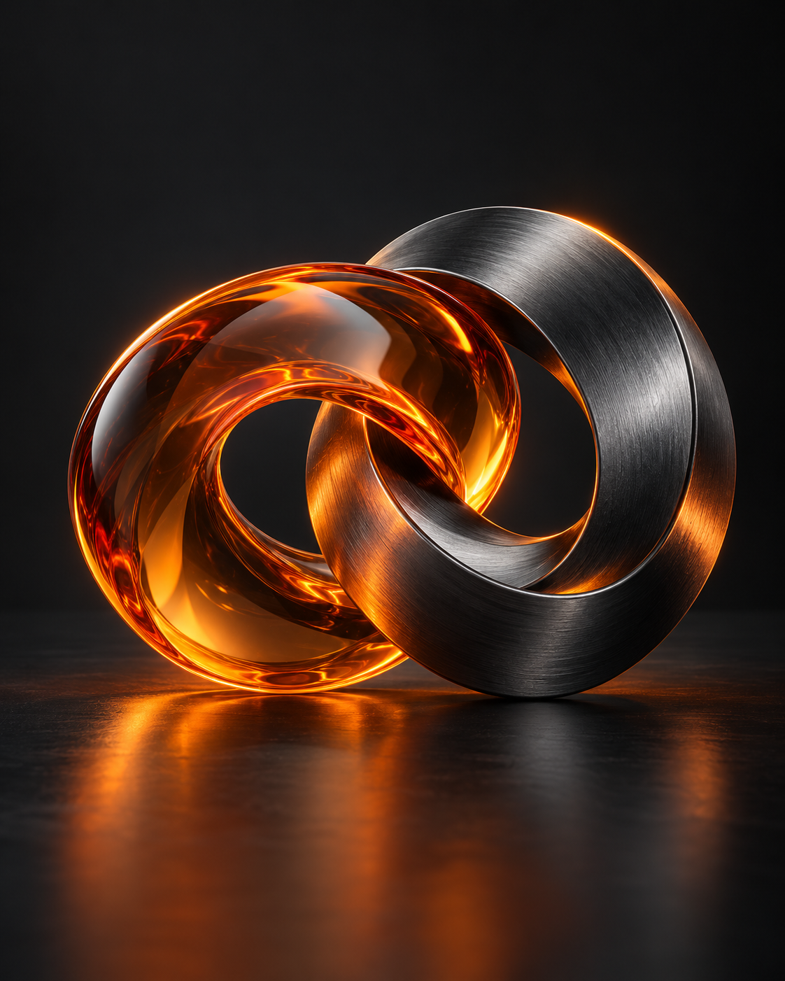 Two interlocking loops of amber glass and brushed metal, a symbol of mutual benefit